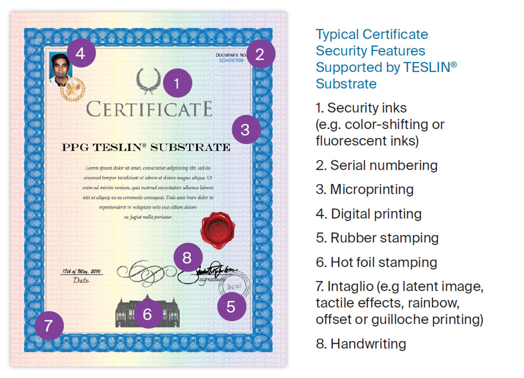 Certificate printed on Teslin syndetic security paper